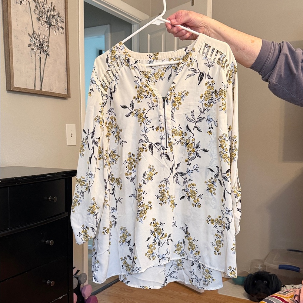 Floral Print Women's Top - White, Navy and  Yellow